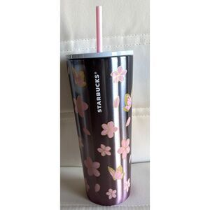 Starbucks Pink Blue Cherry Blossom Butterfly 24oz Stainless Steel Cold Tumbler